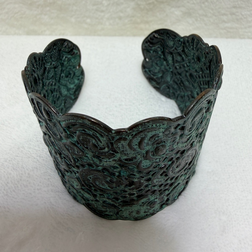 Verdigris Patina Filigree Cuff Bracelet Green Bronze Scalloped Wide‎ Boho Bangle